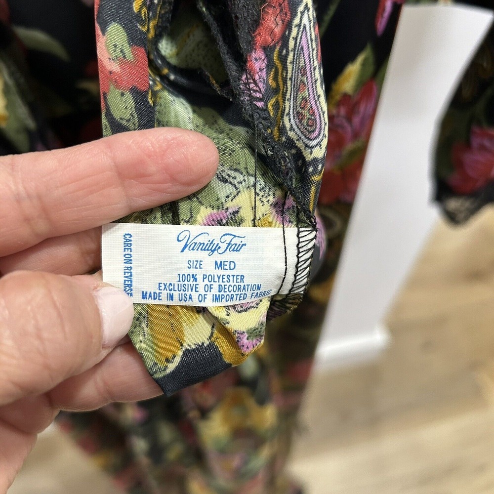 Vintage VANITY FAIR Small KIMONO Wrap ROBE Long Black TROPICAL FLORAL Nylon USA - Picture 8 of 10